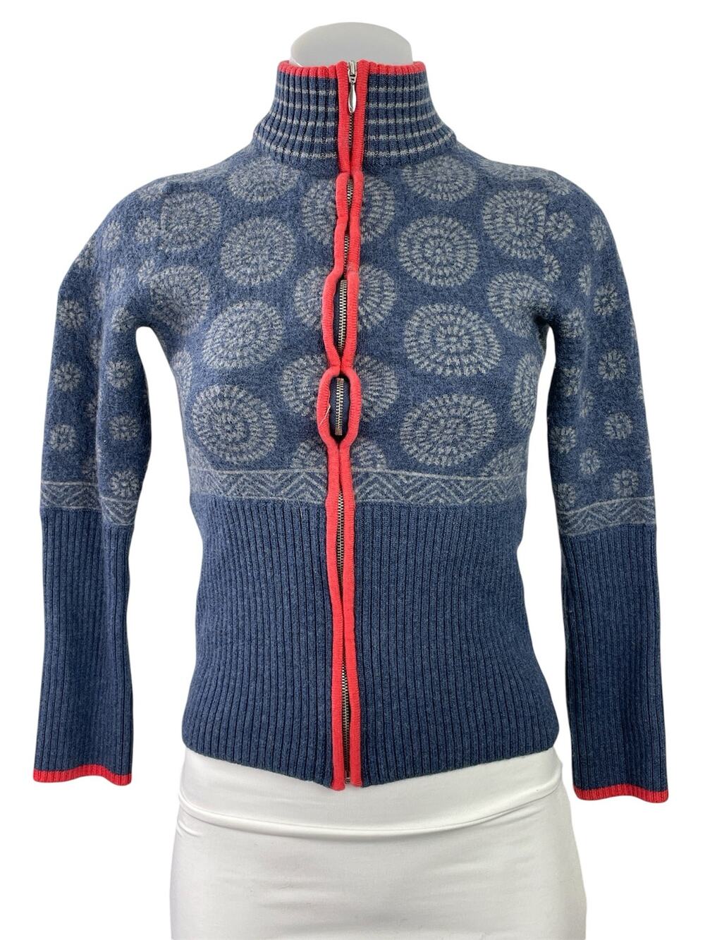 Krimson Klover Women's Blue Wool Full Zip Long Sleeve Turtleneck Sweater Top L